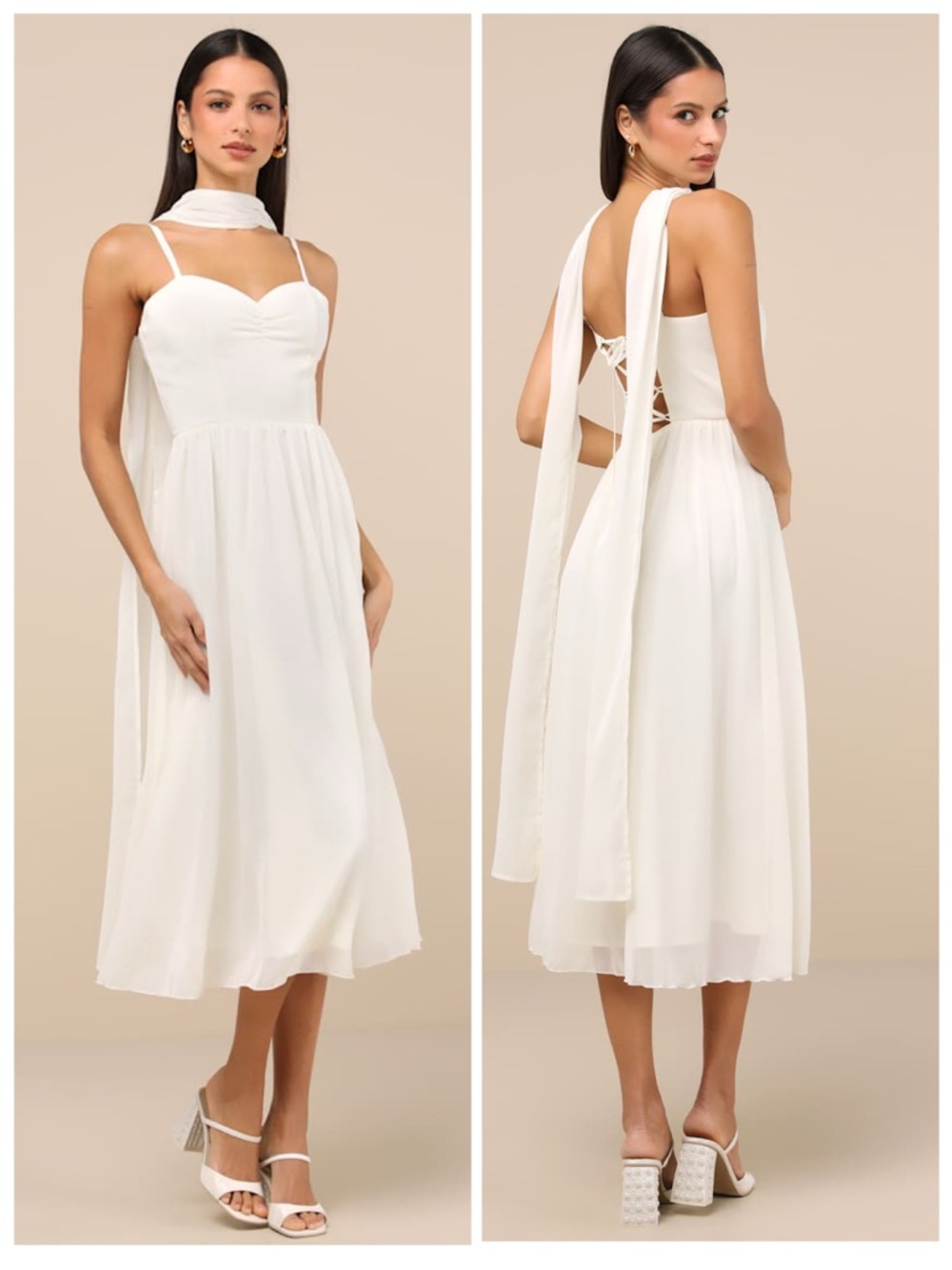 Lulus Irresistibly Darling Ivory Chiffon Midi Dress and Scarf Set Size Large NWT